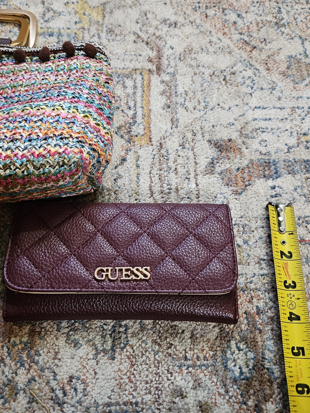 GUESS Burgundy Quilted Wallet & Multicolor Woven Straw Pom Pom Clutch Bag Set - Picture 10 of 11